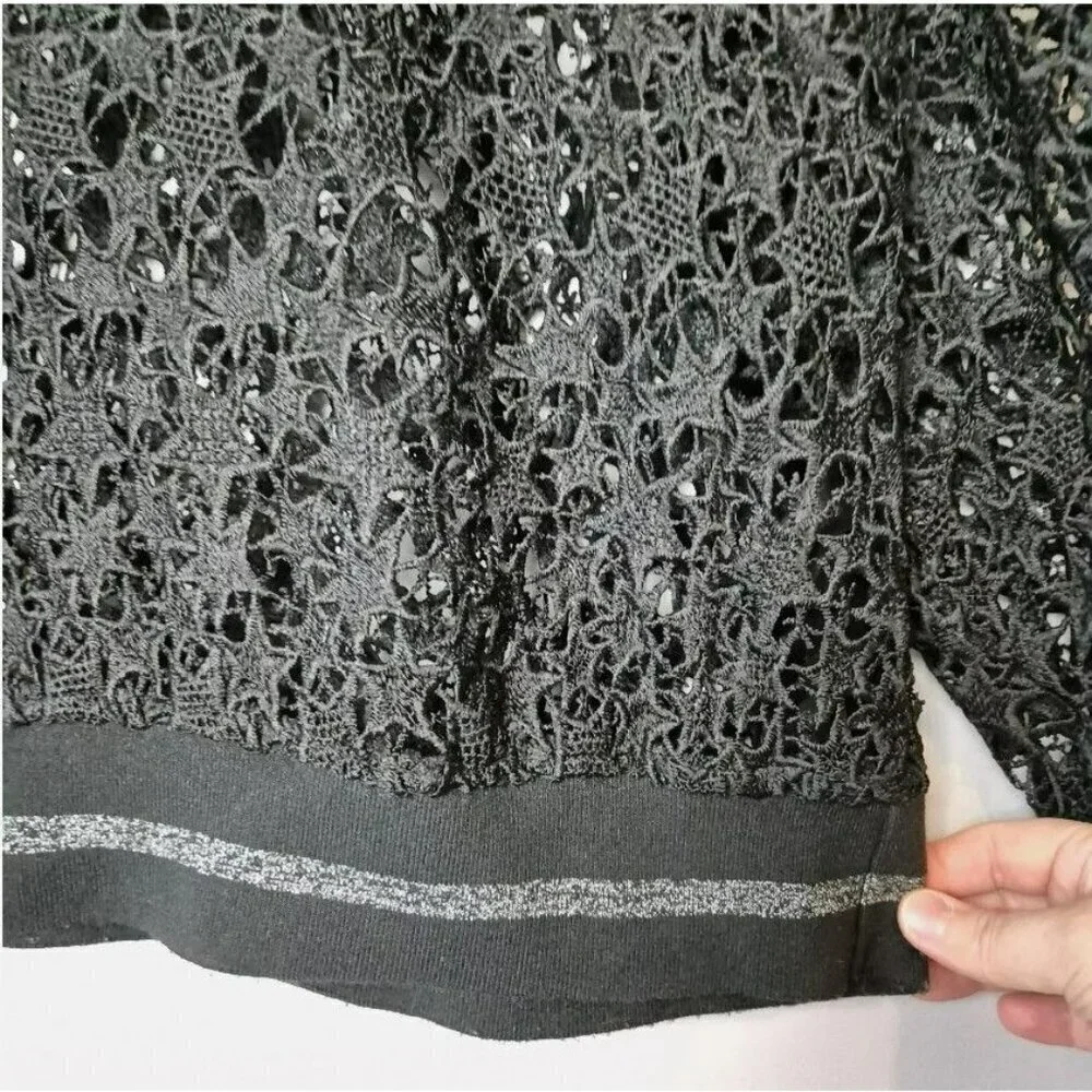 2/$30 Zara Knit Womens Medium Top Floral Crochet Black Lace Long Sleeve Knitwear